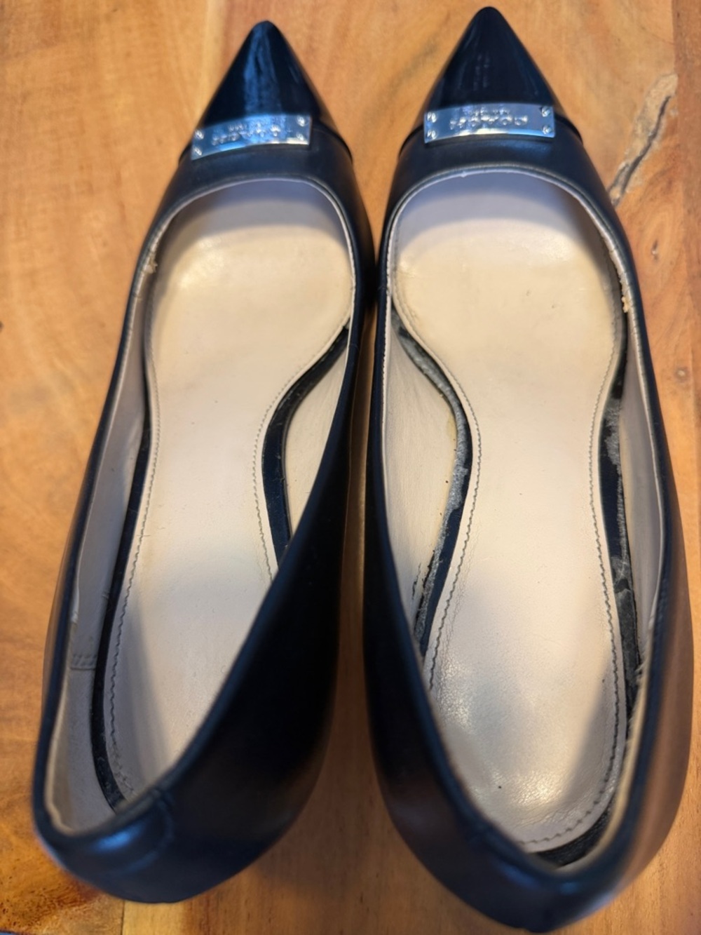 Coach Black Pointed Toe Leather Pumps with Silver Logo Plate - Picture 6 of 14